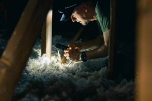Person examining attic insulation with a flashlight.