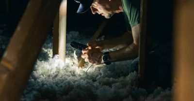 Person examining attic insulation with a flashlight.