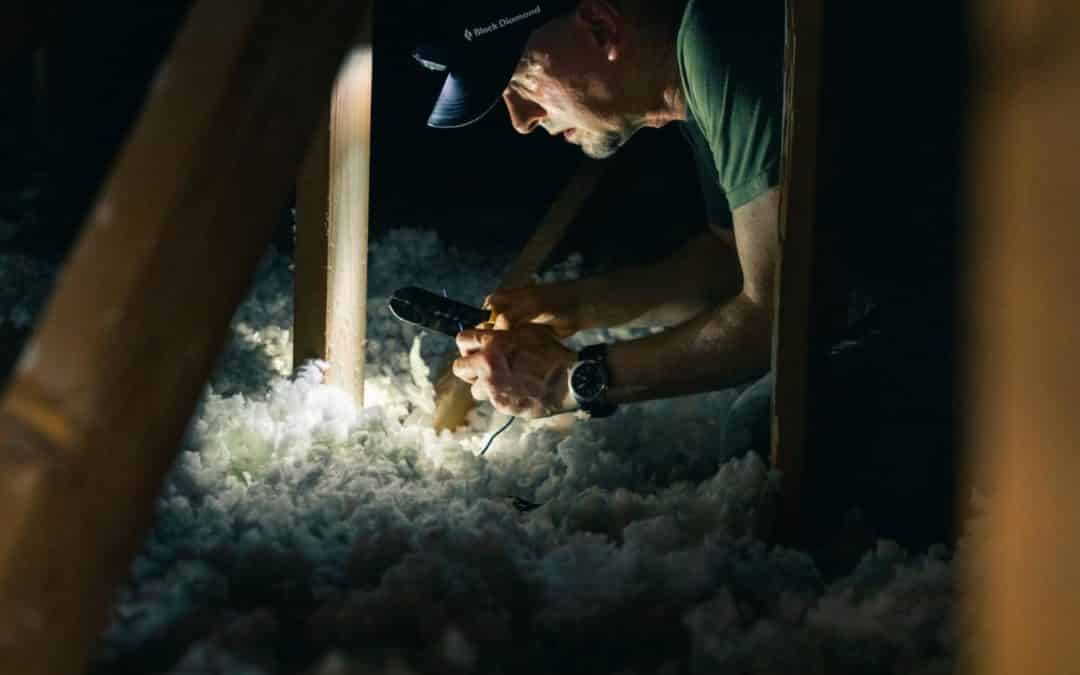 Person examining attic insulation with a flashlight.